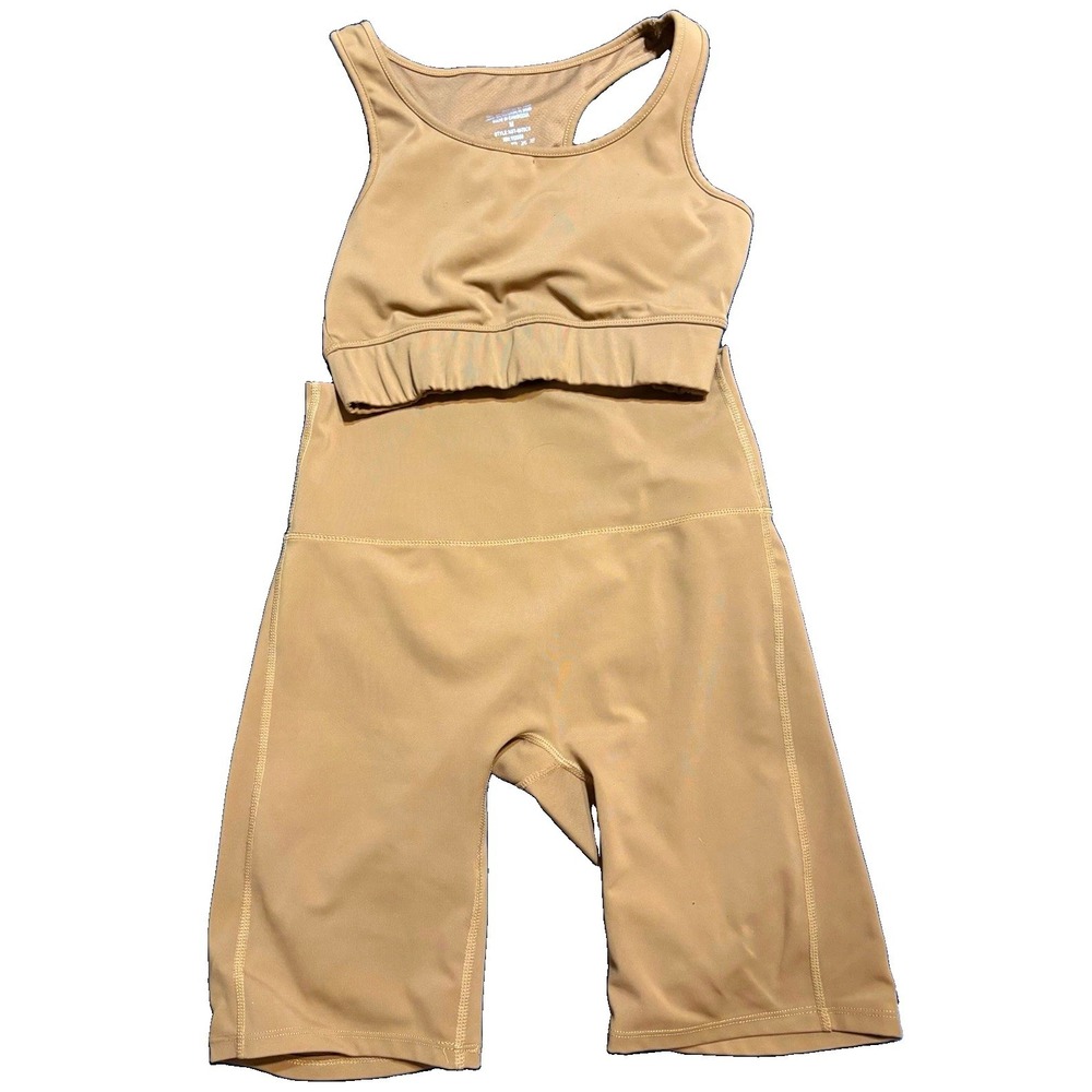 Zenana Women's 2-Piece Activewear Set Sports Bra & Shorts Beige M Stretch